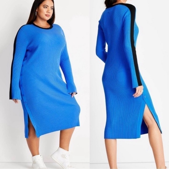 FUTURE COLLECTIVE Ribbed Sweater Long Sleeve Dress Cobalt Blue Black Sz XS - Picture 1 of 8